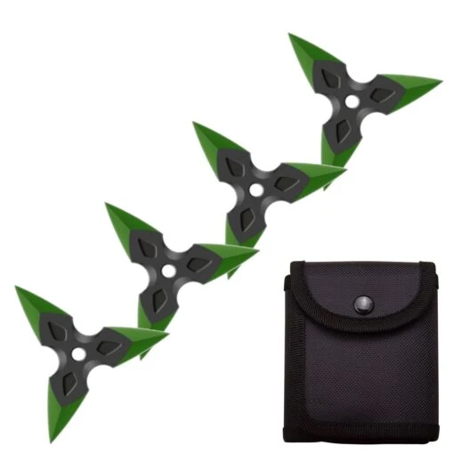 4 Pc Black/Green Finish Three-Pointed Triangle Throwing Ninja Stars Shuriken -KNIFE IMPORT Shop FL20704 3