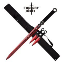 Fantasy Master 3 Piece Set Ninja Sword And Throwing Knife Set Red