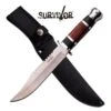 Survivor 12 Inch Satin Finished Fixed Blade Knife - Black Brown Wood Handle