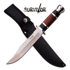 Survivor 12 Inch Satin Finished Fixed Blade Knife - Black Brown Wood Handle