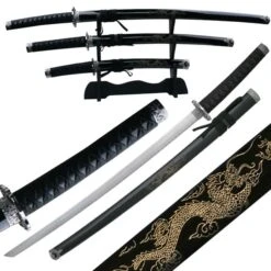 3 Piece Black Dragon Samurai Sword Set With Stand