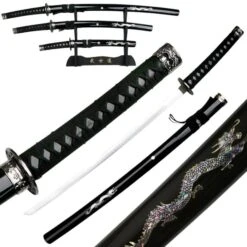 3 Piece Japanese Sword Set With Dragons Stand Included