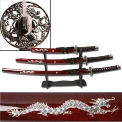 3 Piece Samurai Sword Set Burgundy Color - Dragon Design