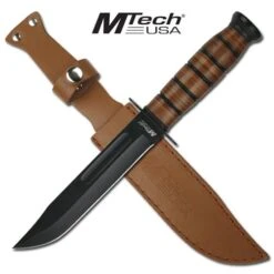 12" Mtech Combat Knife With Wood Handle & Leather Sheath